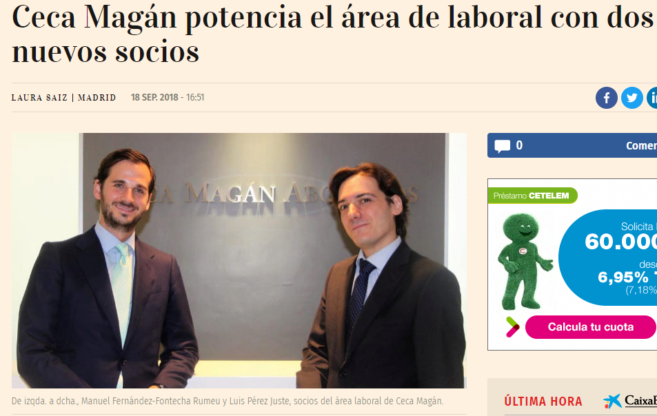 Ceca Magán incorpora dos nuevos socios en el área laboral