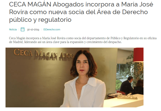 Ceca Magán ficha a María José Rovira como socia del área de Público y Regulatorio