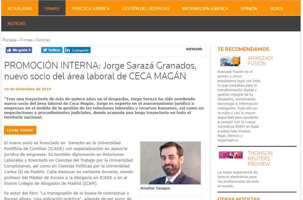 Jorge Sarazá Granados, nuevo socio del área laboral del despacho.