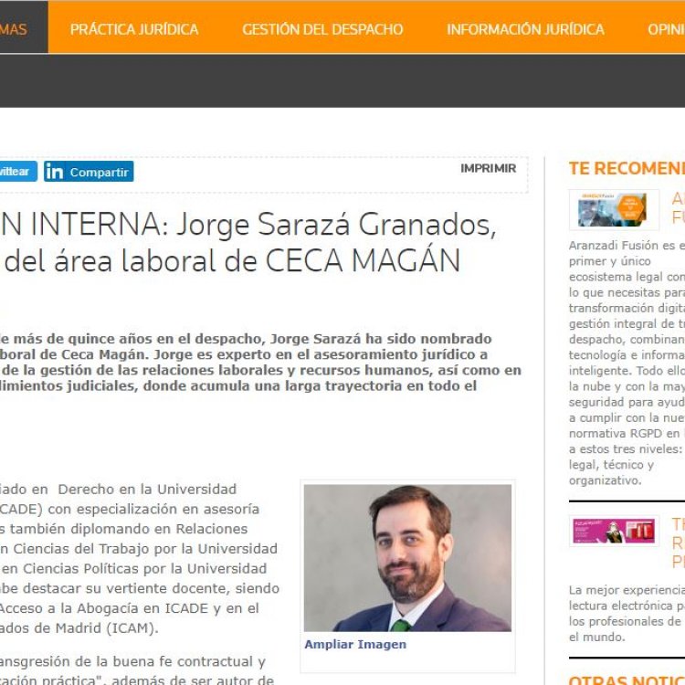 Jorge Sarazá Granados, nuevo socio del área laboral del despacho.